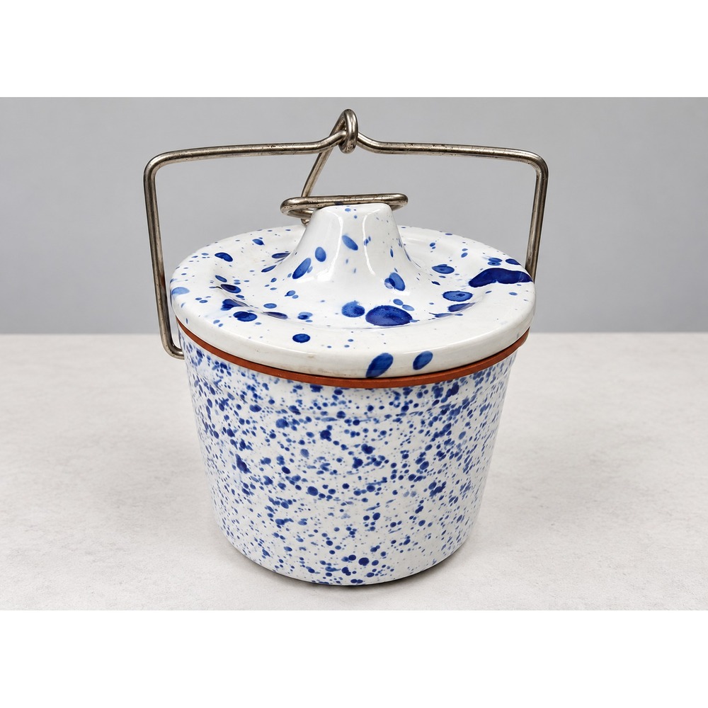 Vintage Blue White Splatterware Stoneware Crock Lid Wire Bail Handle Farmhouse